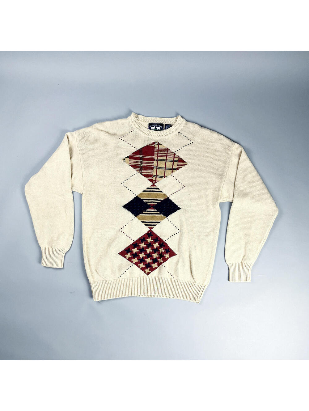 Argyle Knit Sweater | Vintage 90's  Beige Patterned Men's Cotton Jumper